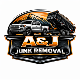 Logo for A&J Junk Removal featuring a white pickup truck pulling a loaded dump trailer against a mountain backdrop.
