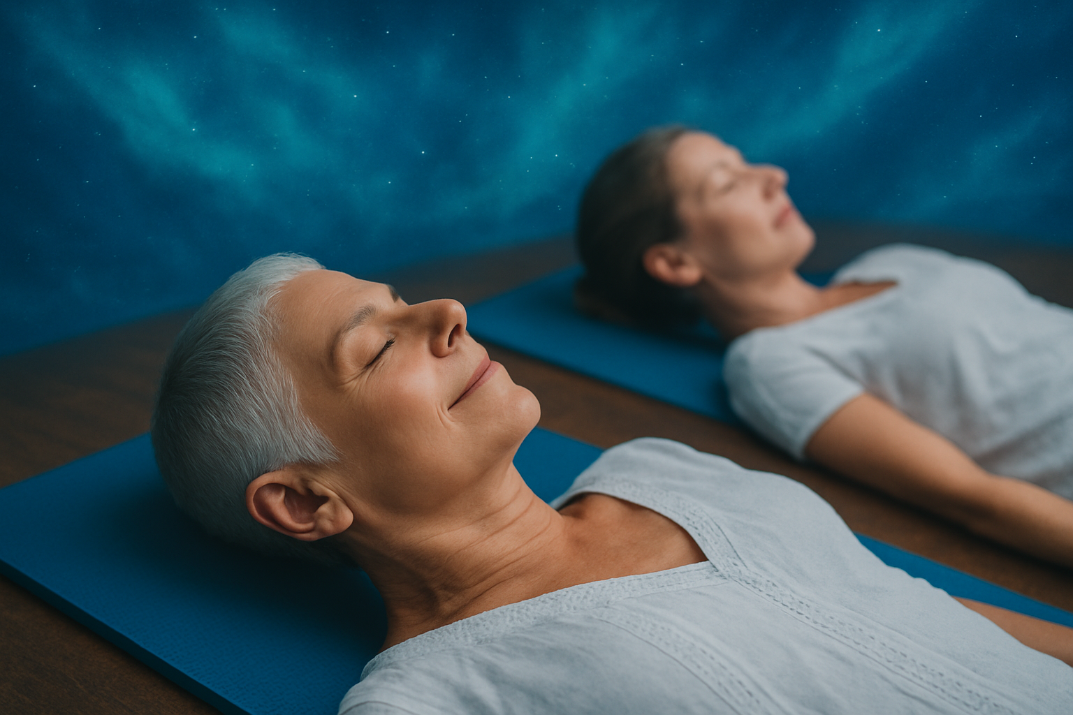 Two women lying on mats