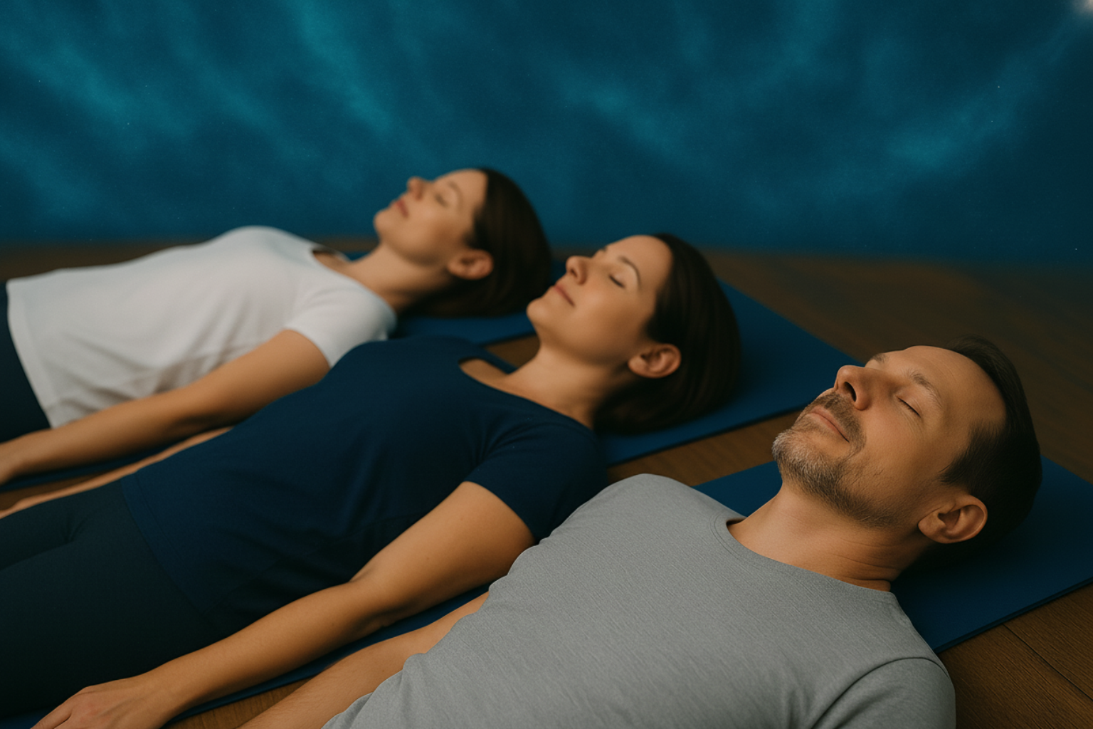 Three people lying on mats