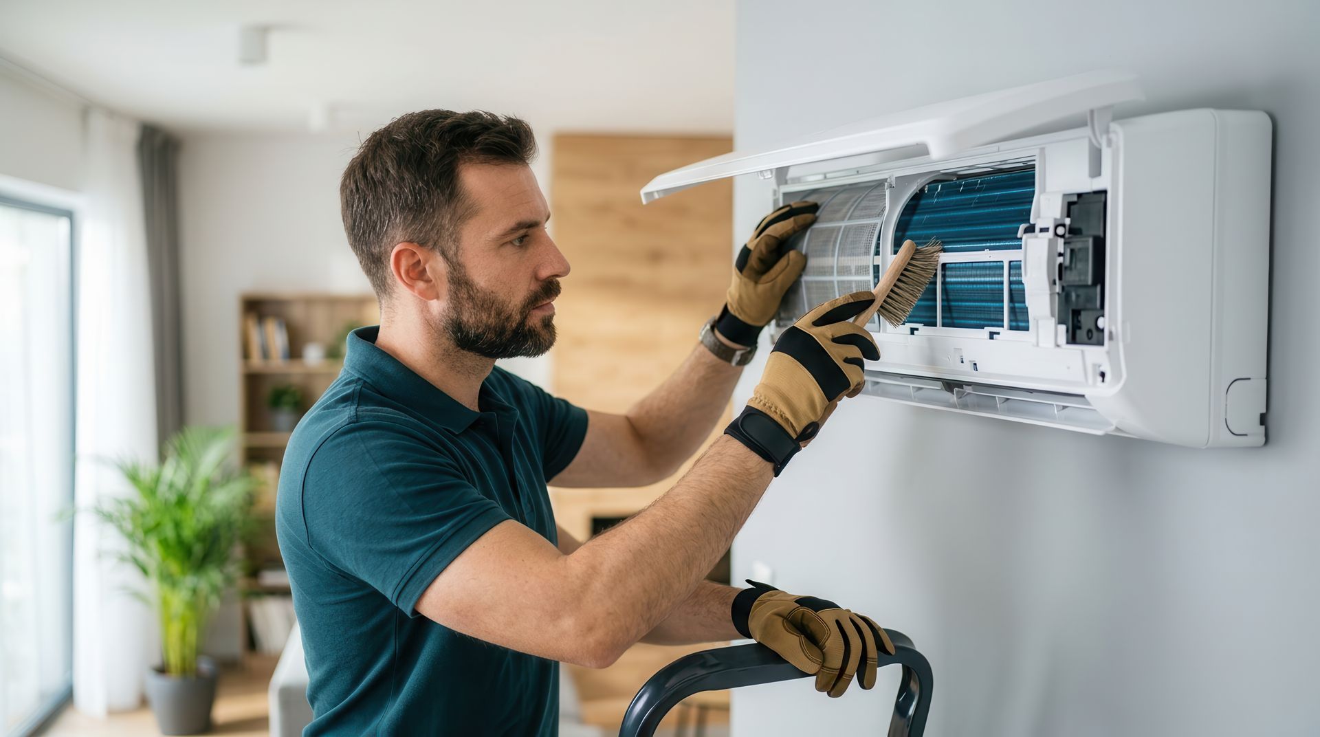 Technician repairing a wall-mounted air conditioner indoors, using tools on the open unit.
