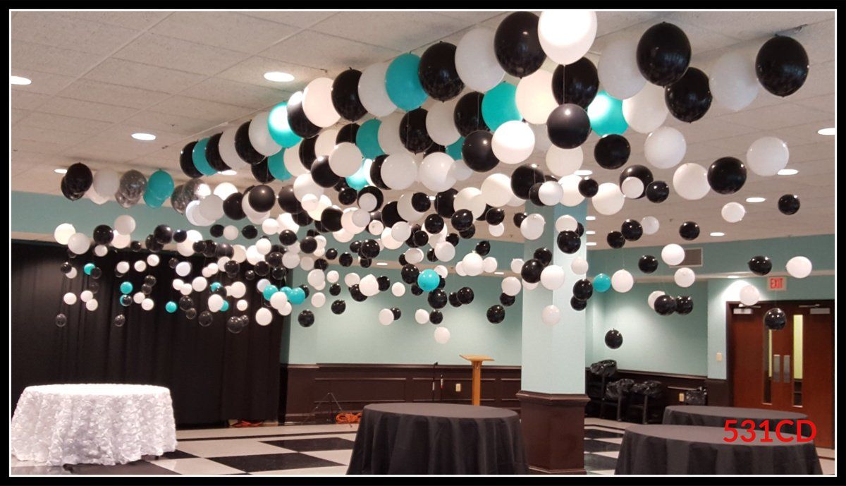 Black, White and Blue Ceiling Balloon Decor