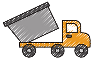 A drawing of a dump truck with a dumpster on the back.