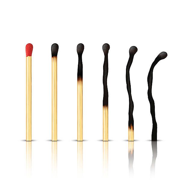 Six matches showing stages of burning, from unlit to completely burnt out.