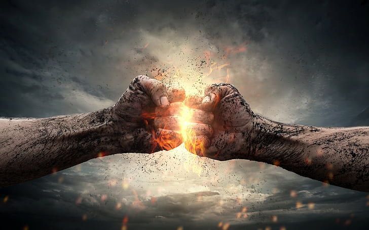 Two fists clench together, with sparks and fire erupting between them against a dark, cloudy sky.