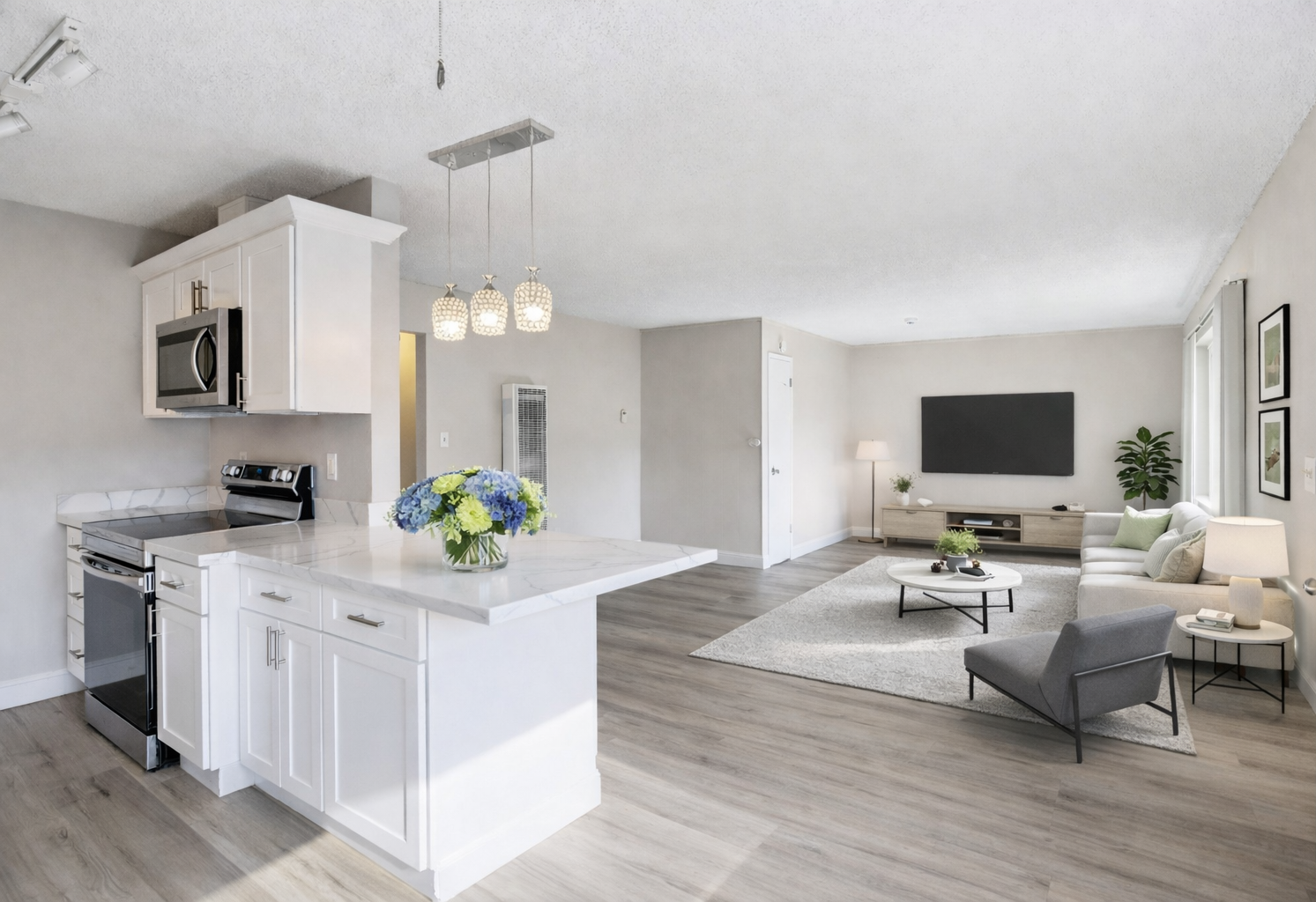 Beautifully renovated kitchen and living room. Furnished with hardwood-like floors.