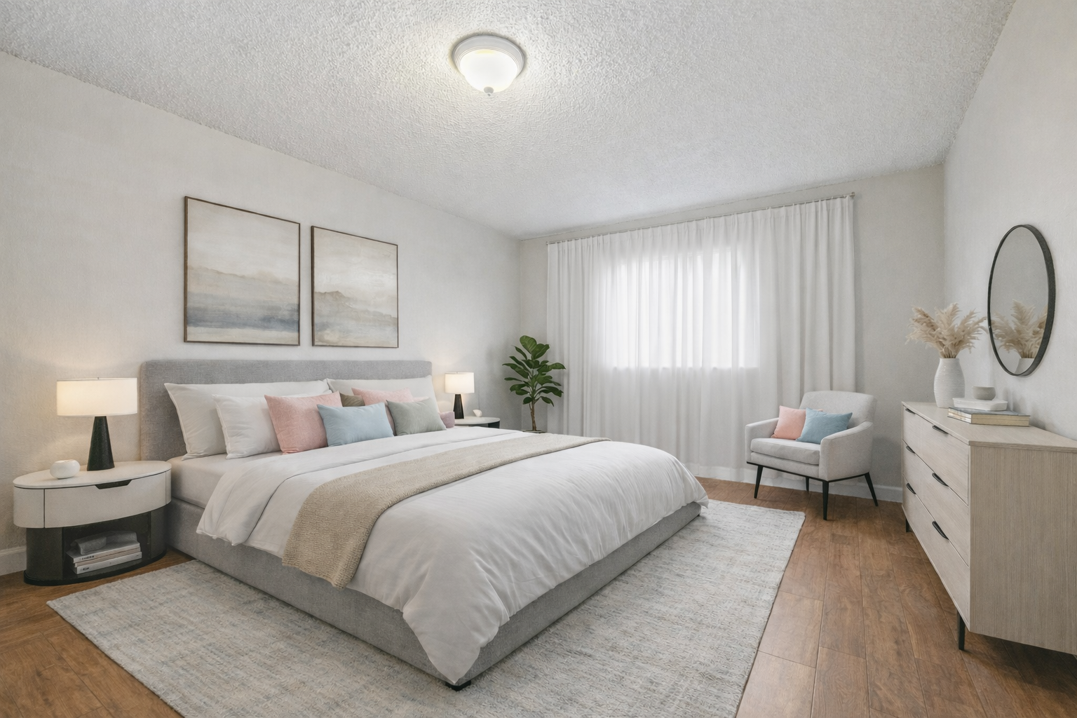 Bright and spacious bedroom with hardwood-like flooring