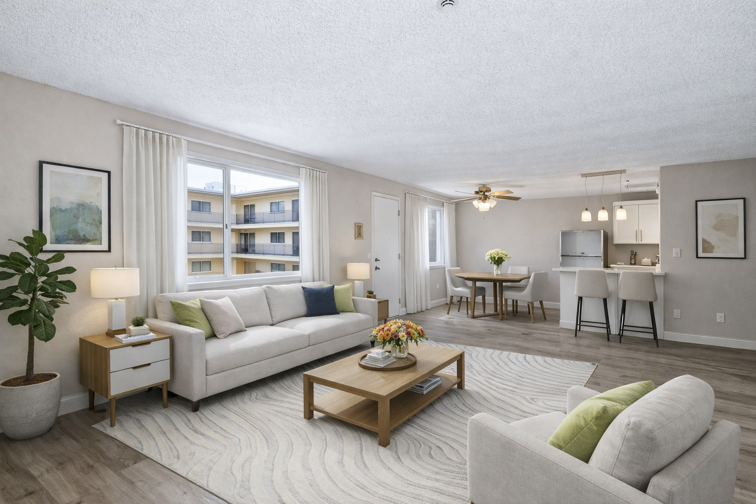 furnished bright, living room