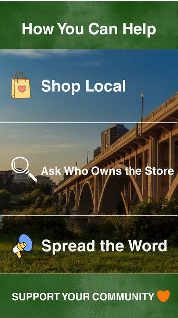 Promoting local support: icons with text, bridge background. Text: Shop Local, Ask Who Owns the Store, Spread the Word.