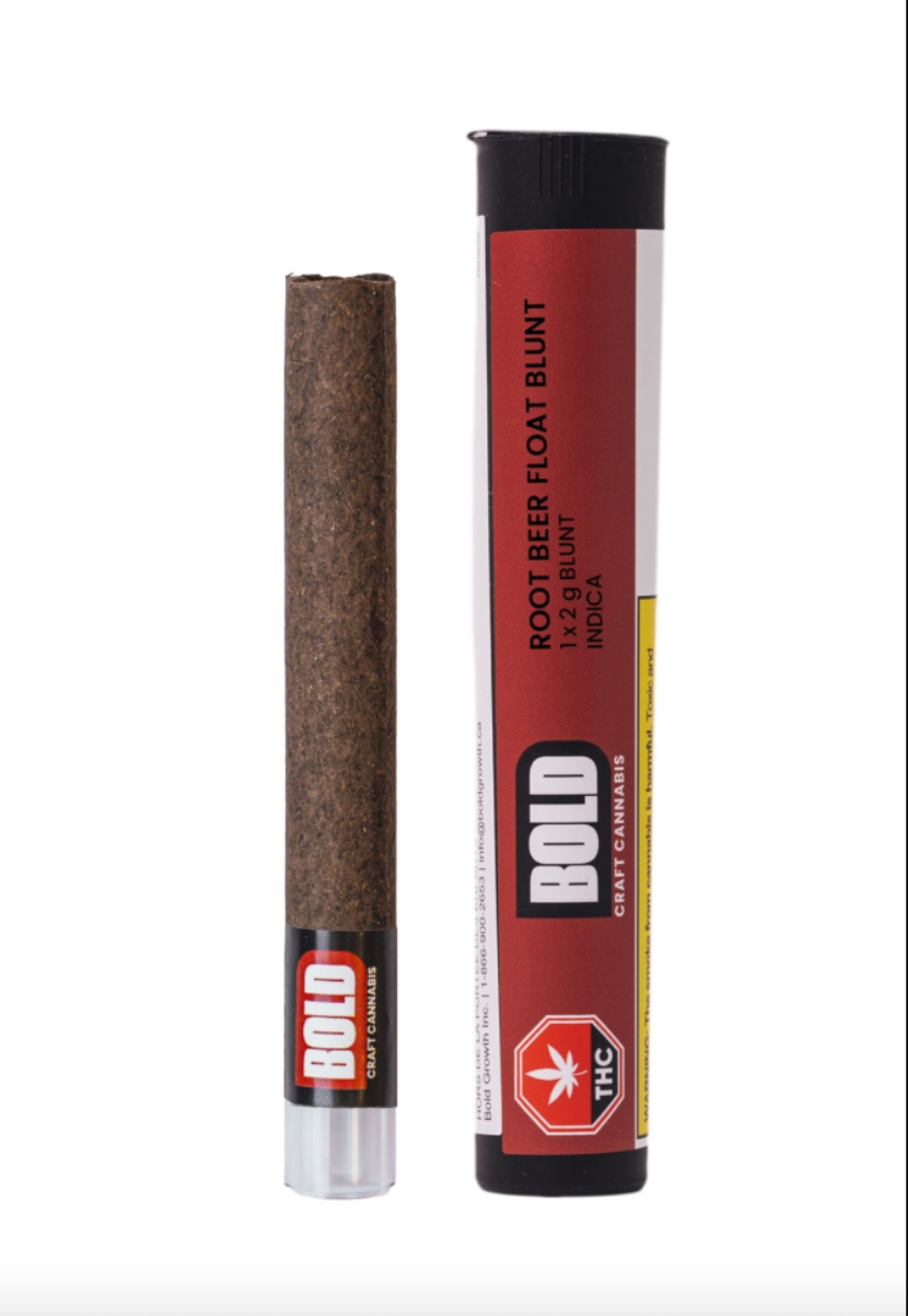 A brown blunt and its red and white cylindrical packaging labeled