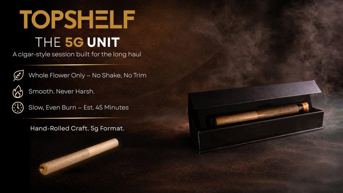 A luxury 5g pre-roll in a black box, with promotional text about its smooth, slow-burning, premium flower quality.