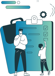 Clipboard graphic showing checklist and progress tracking for ABA therapy goals.