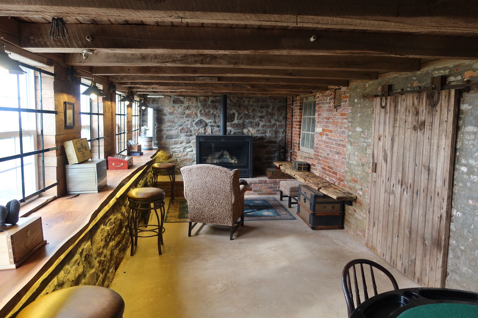 A living room with a fireplace and a poker table