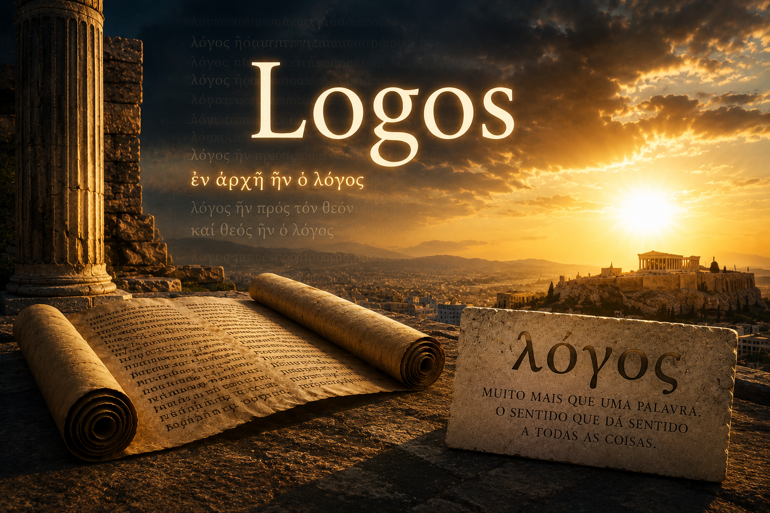 Pergaminho antigo, inscrições em grego e a palavra Logos sobre um cenário da Grécia antiga, representando a profundidade histórica, filosófica e teológica de João 1:1.