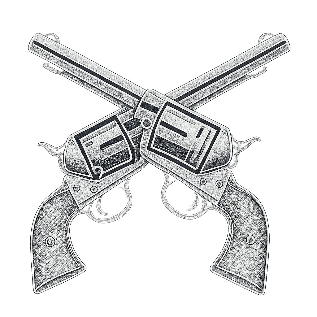 A black and white drawing of two crossed revolvers on a white background.