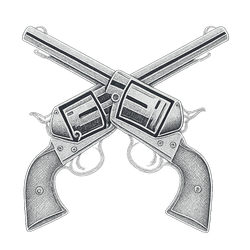 A black and white drawing of two crossed revolvers on a white background.