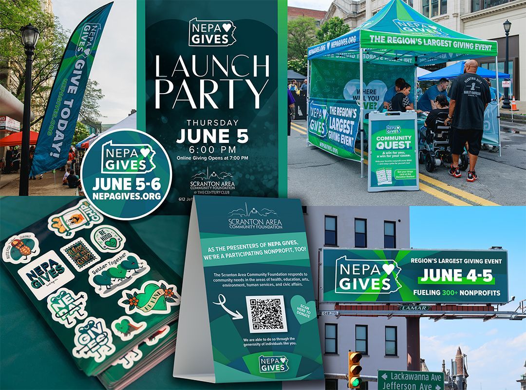 Assortment of NEPA Gives photos include flag, tent, graphics, stickers, and billboard