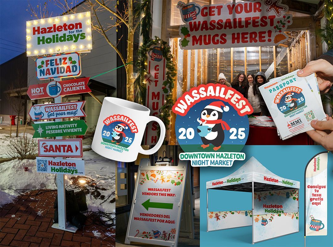 Holiday event poster collage for Wassailfest 2025 with festive mugs, signs, and winter market scenes