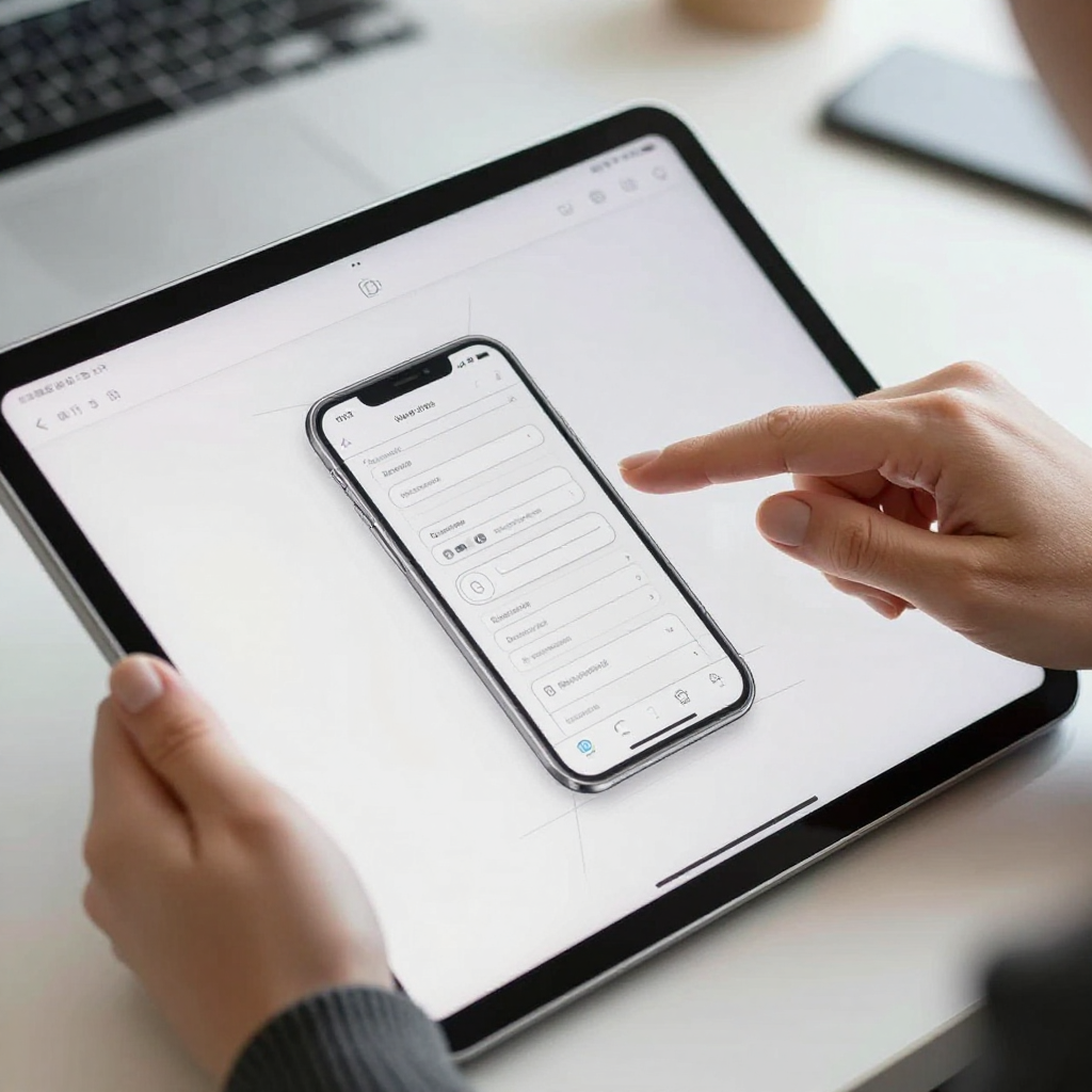 Hands holding a tablet displaying a phone interface with a digital form, viewed from a high angle at a desk.