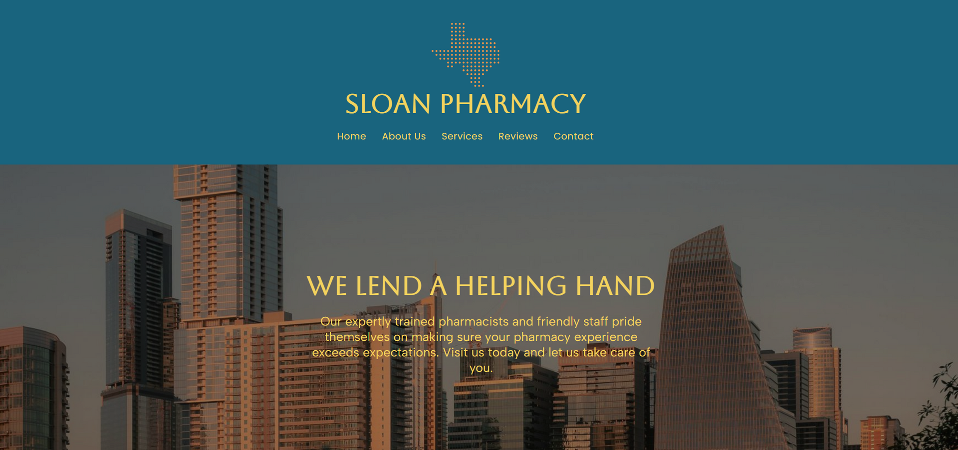 Sloan Pharmacy website header with a Texas map logo, navigation menu, and the headline 