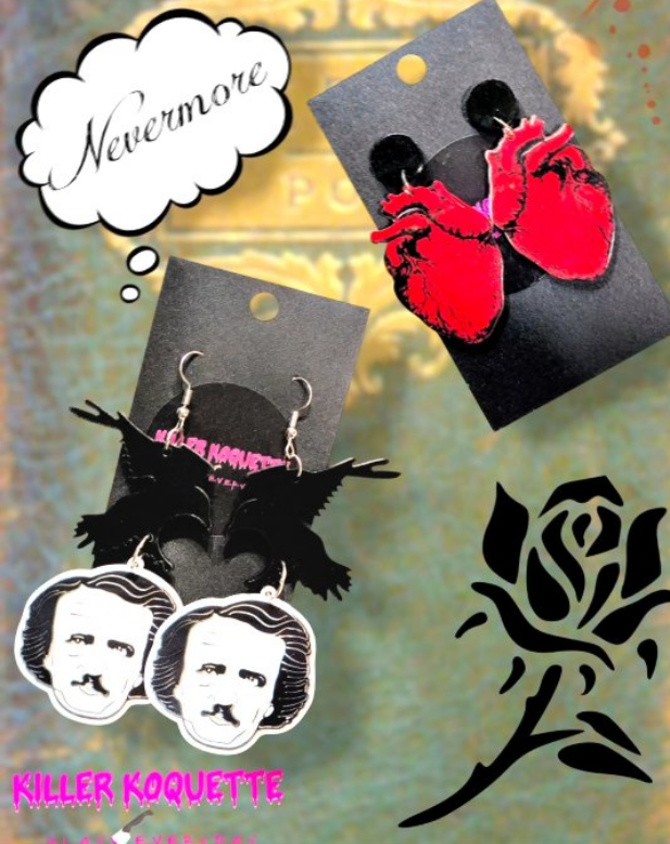Two pairs of themed earrings: red anatomical hearts and black raven/Edgar Allan Poe portraits, with a black rose graphic.