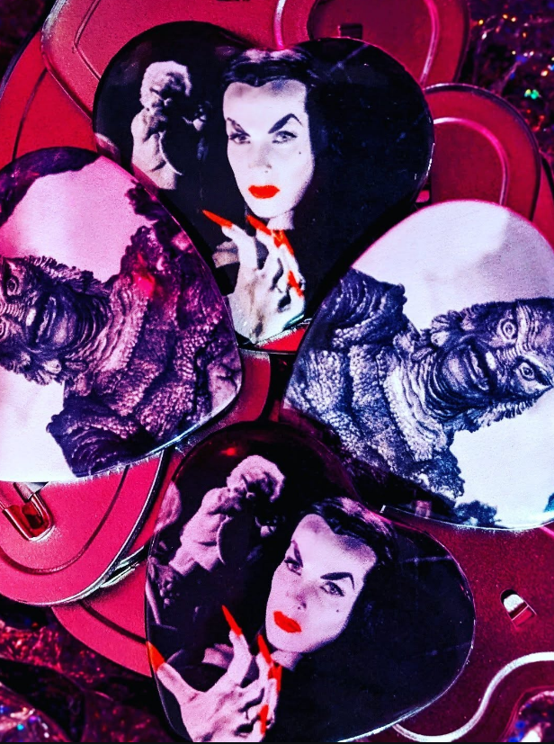 A collage of red, heart-shaped items featuring photos of Vampira and the Creature from the Black Lagoon.