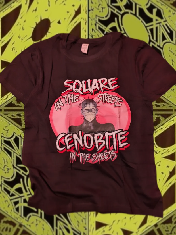 A maroon t-shirt featuring Pinhead from Hellraiser with the text 