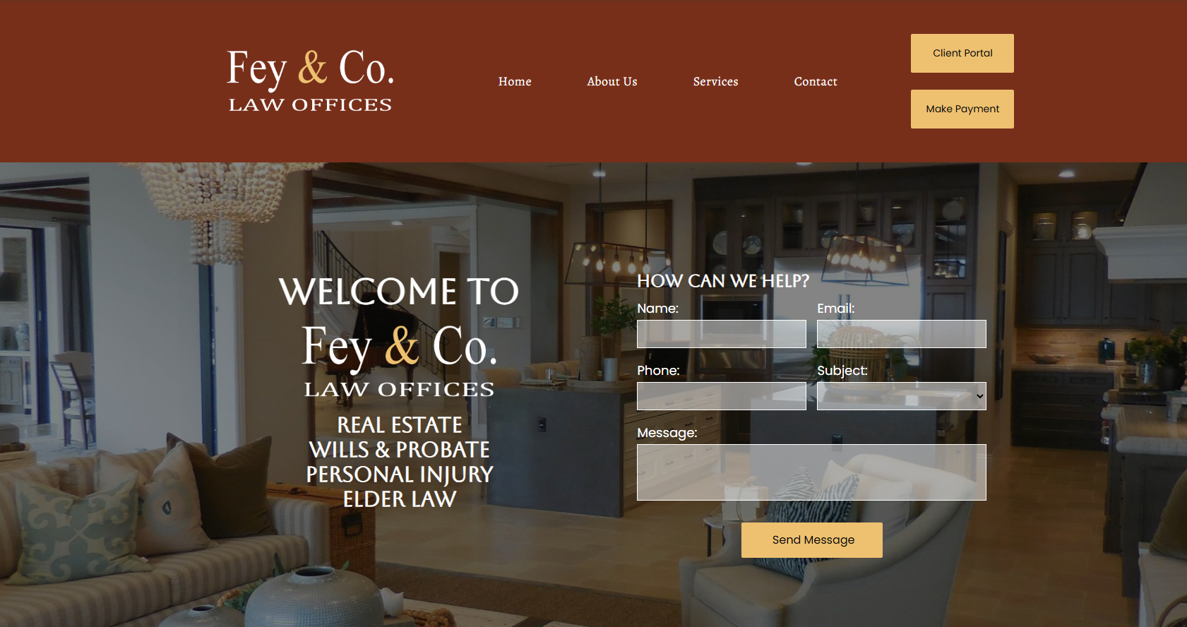 Website landing page for Fey & Co. Law Offices with contact form, navigation, and interior home design background.