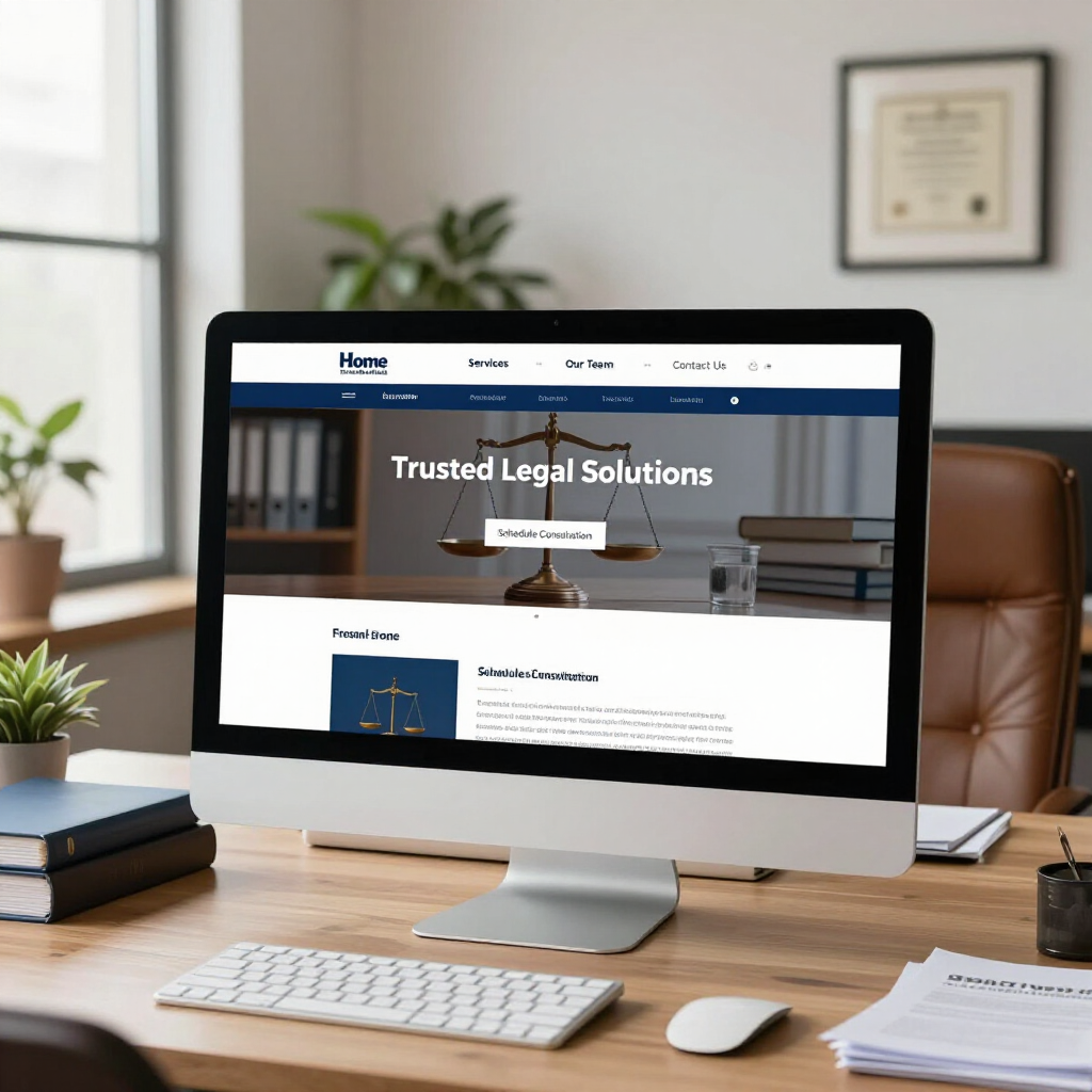 A computer monitor on a wooden desk displaying a law firm's website with a scale of justice image and booking options.