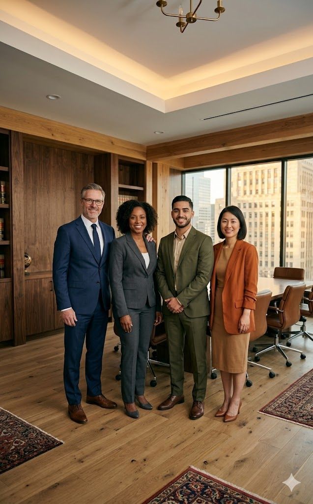 Four professionals stand side-by-side in a wood-paneled office with large windows, posing together for a group portrait.