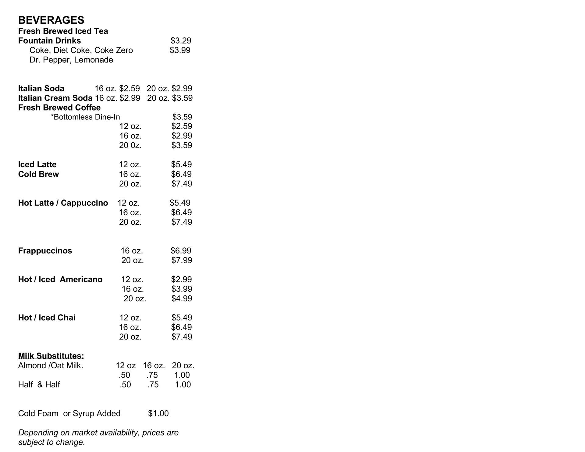 Menu displaying prices for various beverages, including tea, coffee, and other specialty drinks.