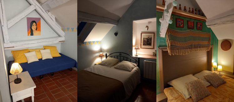 Un collage de trois photos d'une chambre avec un lit et un canapé.