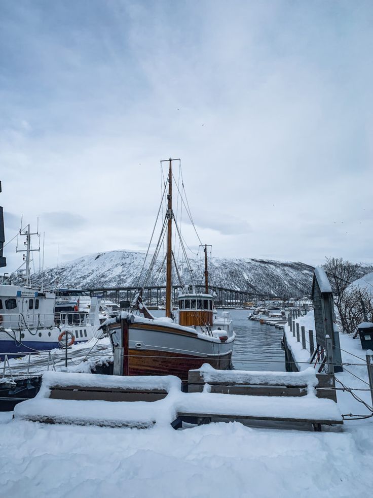 ship in tromso port very classic design and wooden covered in snow and the mountain in the background  covered in snow