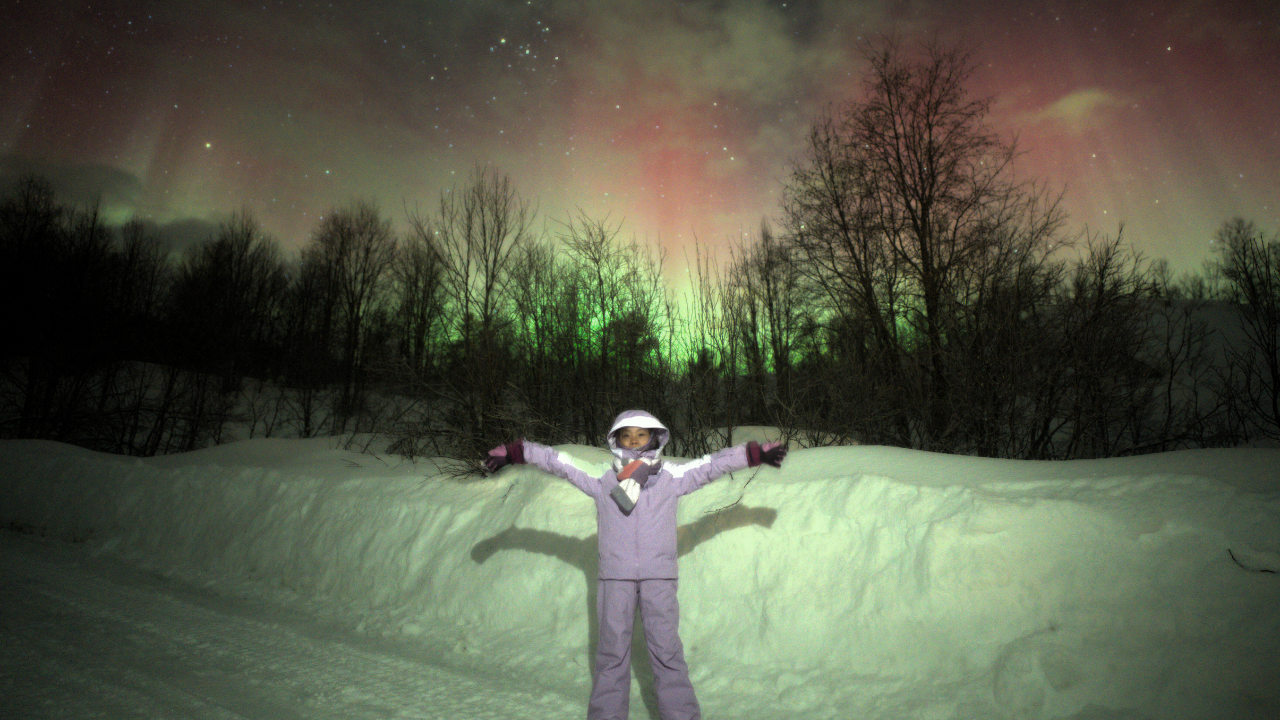 girl standing under aurora sky and northern lights colored in red and green with the trees in the background