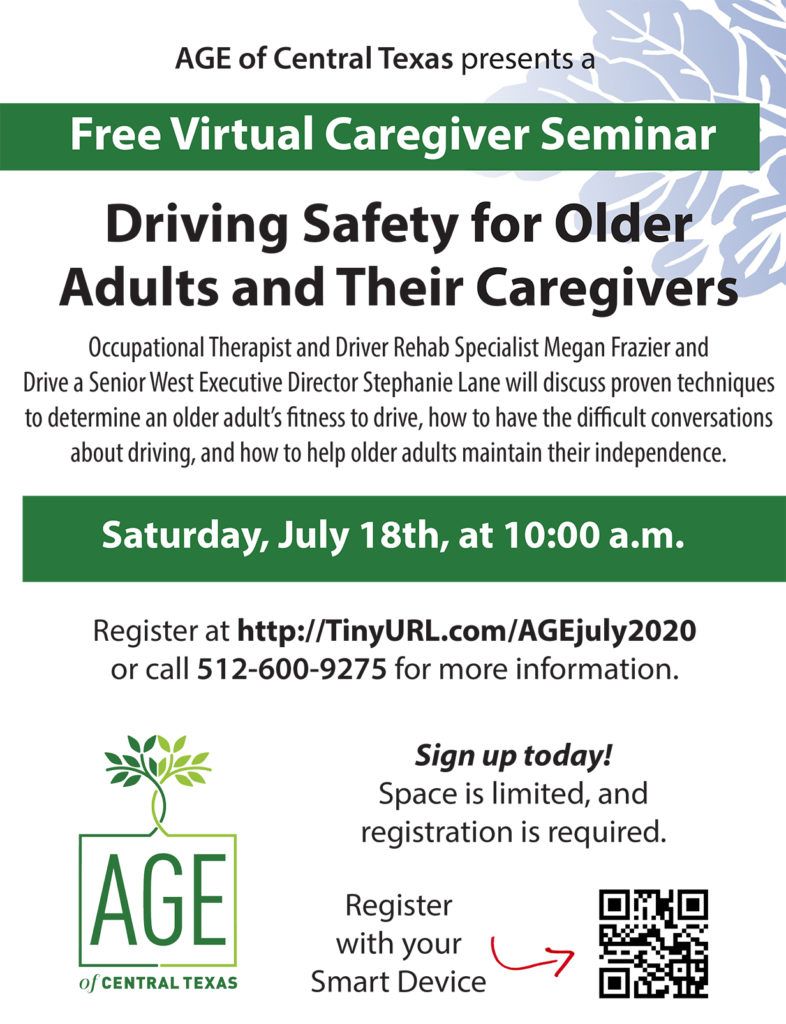 A poster for a free virtual caregiver seminar on driving safety for older adults and their caregivers.
