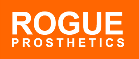 The logo for rogue prosthetics is orange and white