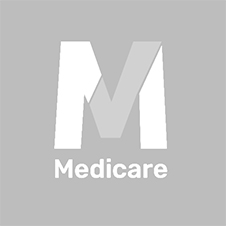 A white logo for medicare on a gray background.