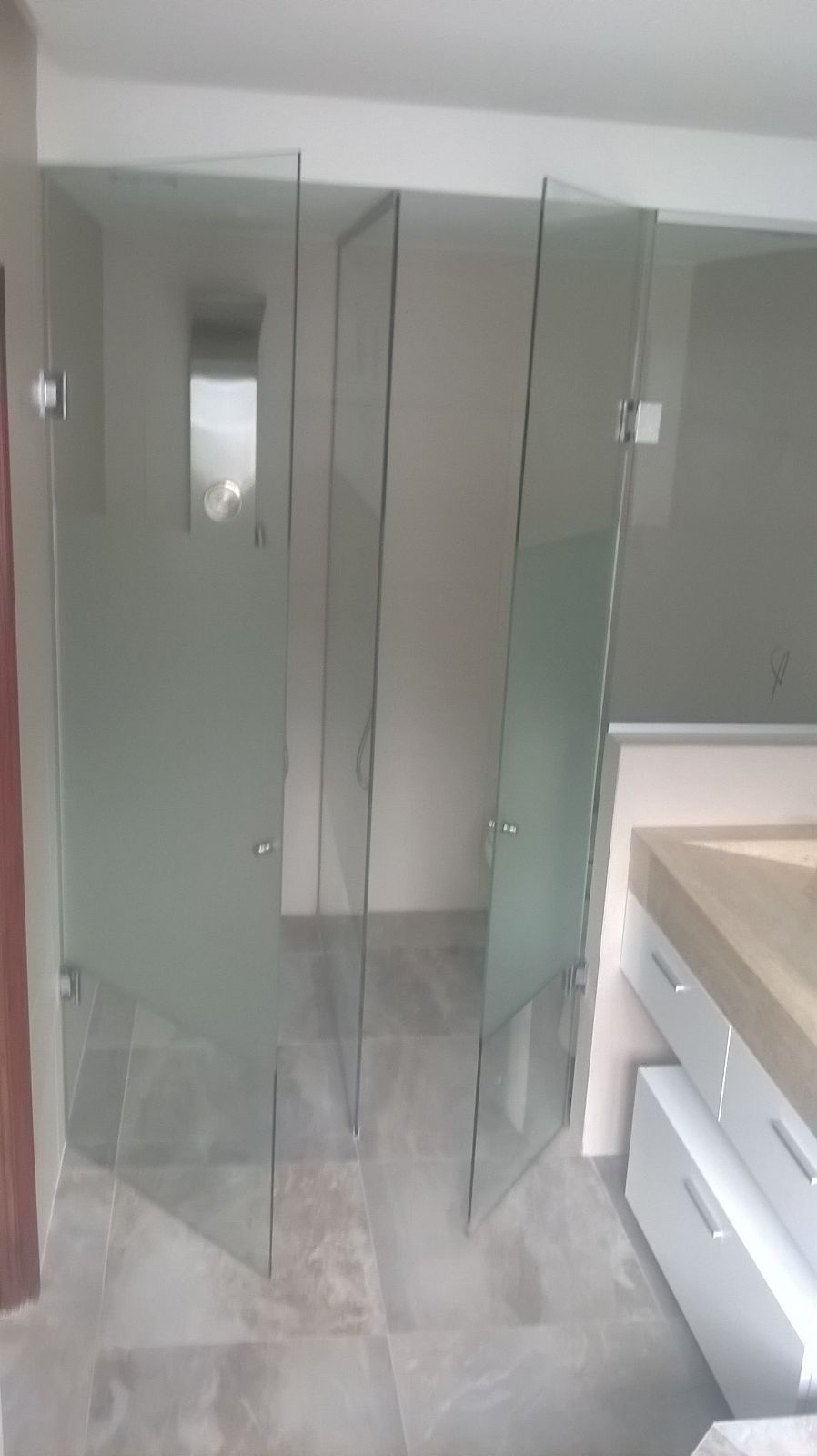 Un baño con mampara de cristal y lavabo.
