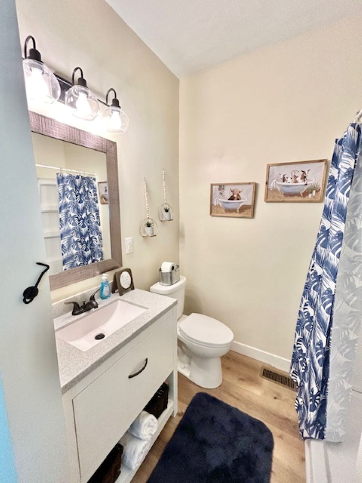 Bathroom with vanity, toilet, and shower. Blue and white decor. Light walls and wood-look flooring.