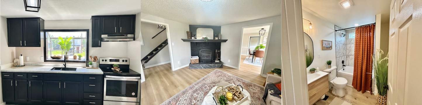 Panoramic view of a house interior: kitchen, living room with fireplace, bathroom.