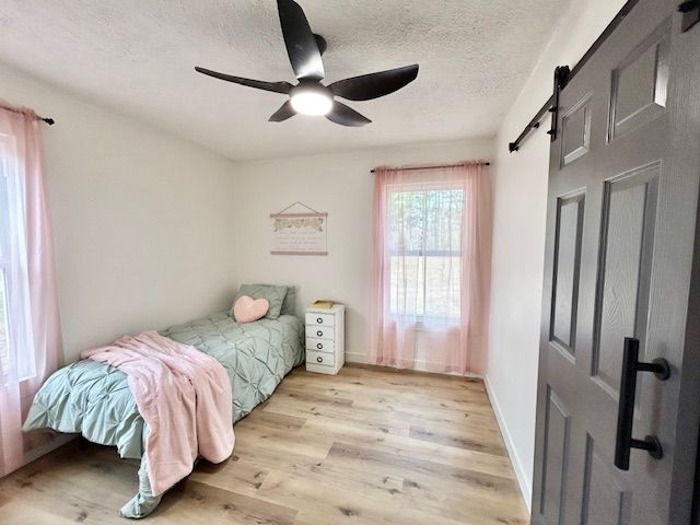 Bedroom with a bed, a sliding barn door, and a ceiling fan. Pale pink curtains and bedding.
