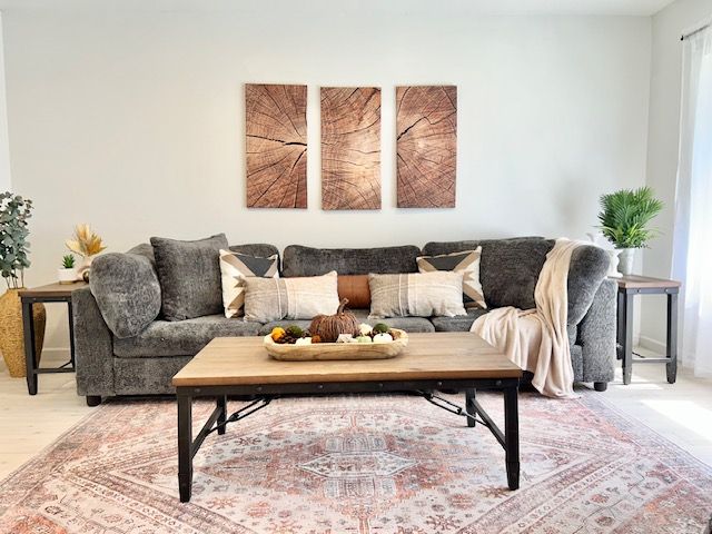 Living room with a gray sectional, wood art, and a pink rug.