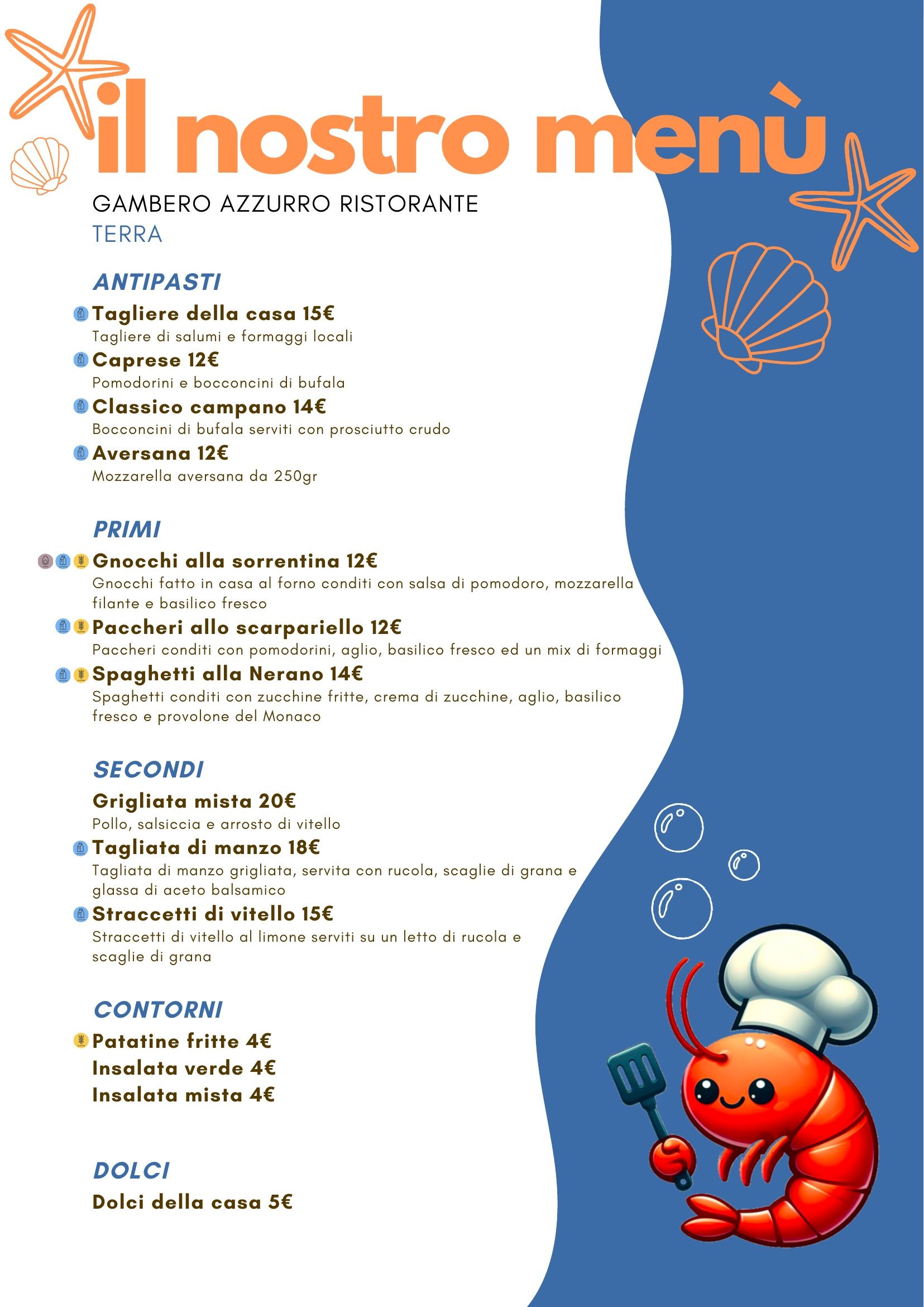 Menù di un ristorante di pesce con l'illustrazione di un simpatico chef che prepara i gamberi e grafiche a tema marino su sfondo blu.