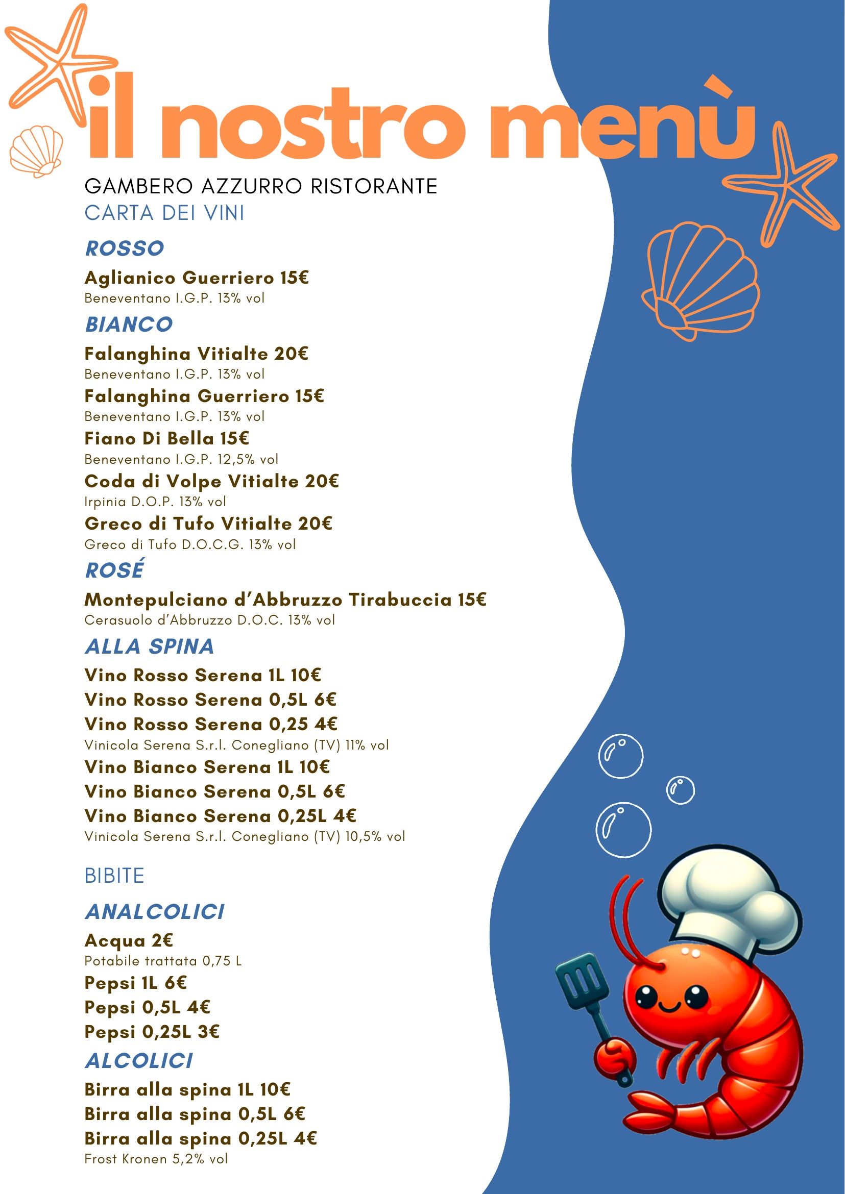 Un menù con un lato blu ondulato che raffigura uno chef a forma di gambero stilizzato, e che elenca le bevande rosse, rosate, bianche e analcoliche.