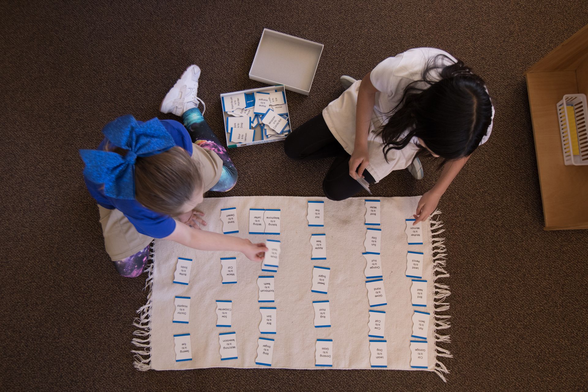 Two people sorting cards on a floor chart in a room, viewed from above.
