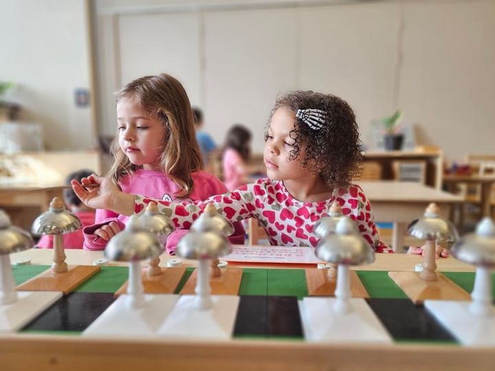 Two little girls are working with montessori sensorial materials.