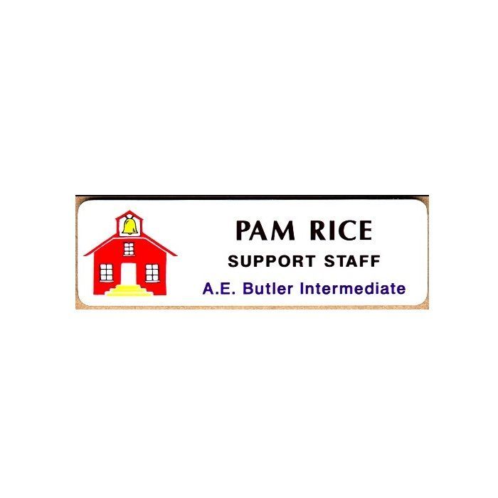 White thermal printed plastic name badge with company logo and name.