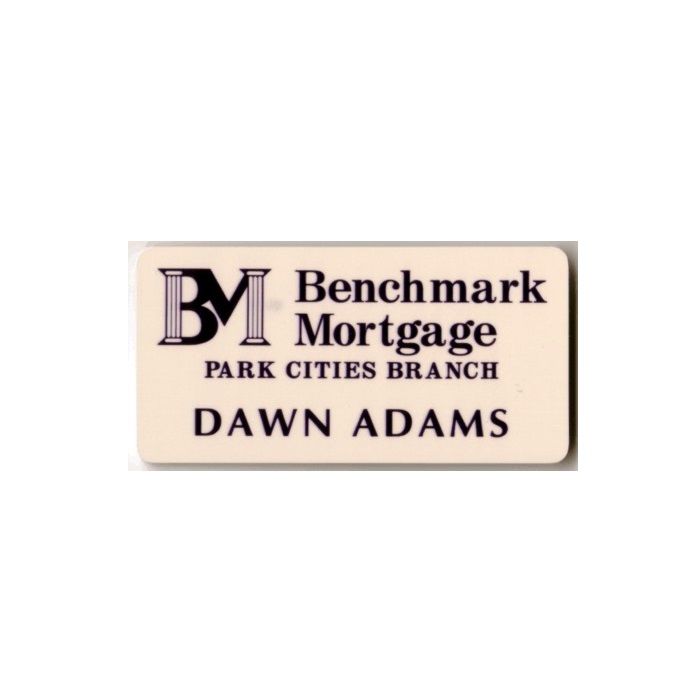 White thermal printed plastic name badge with company logo and name.