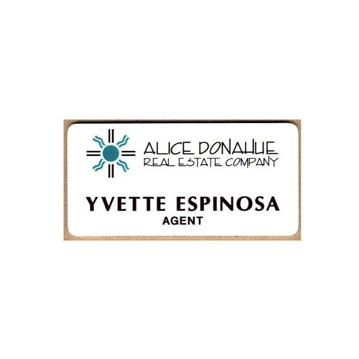 White thermal printed plastic name badge with company logo and name.