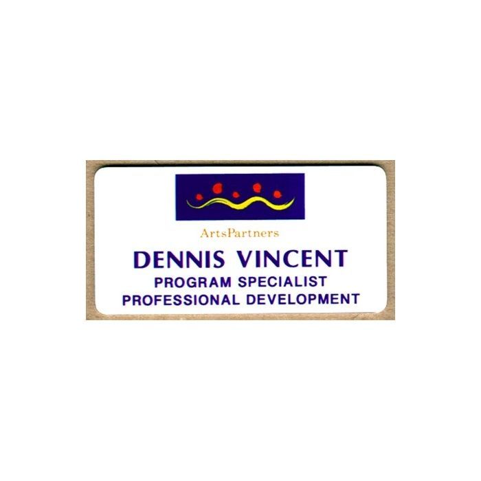 White thermal printed plastic name badge with company logo and name.