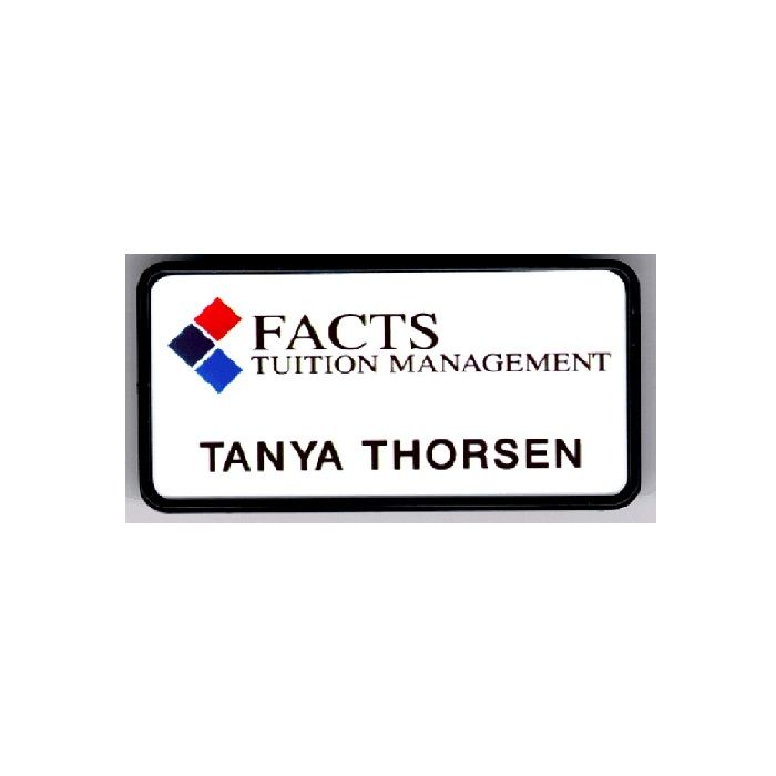 White thermal printed plastic name badge with company logo and name, in black executive frame.